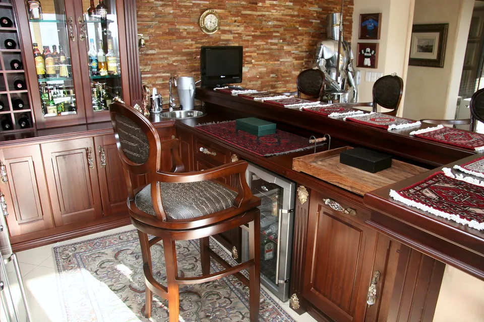 Bar counter seating with an under-counter wine fridge