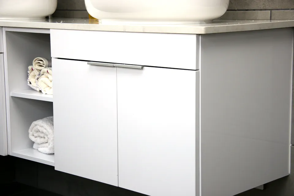 Vanity with an open towel shelf