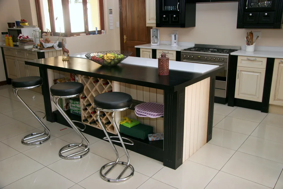 Wine storage and seating at the island